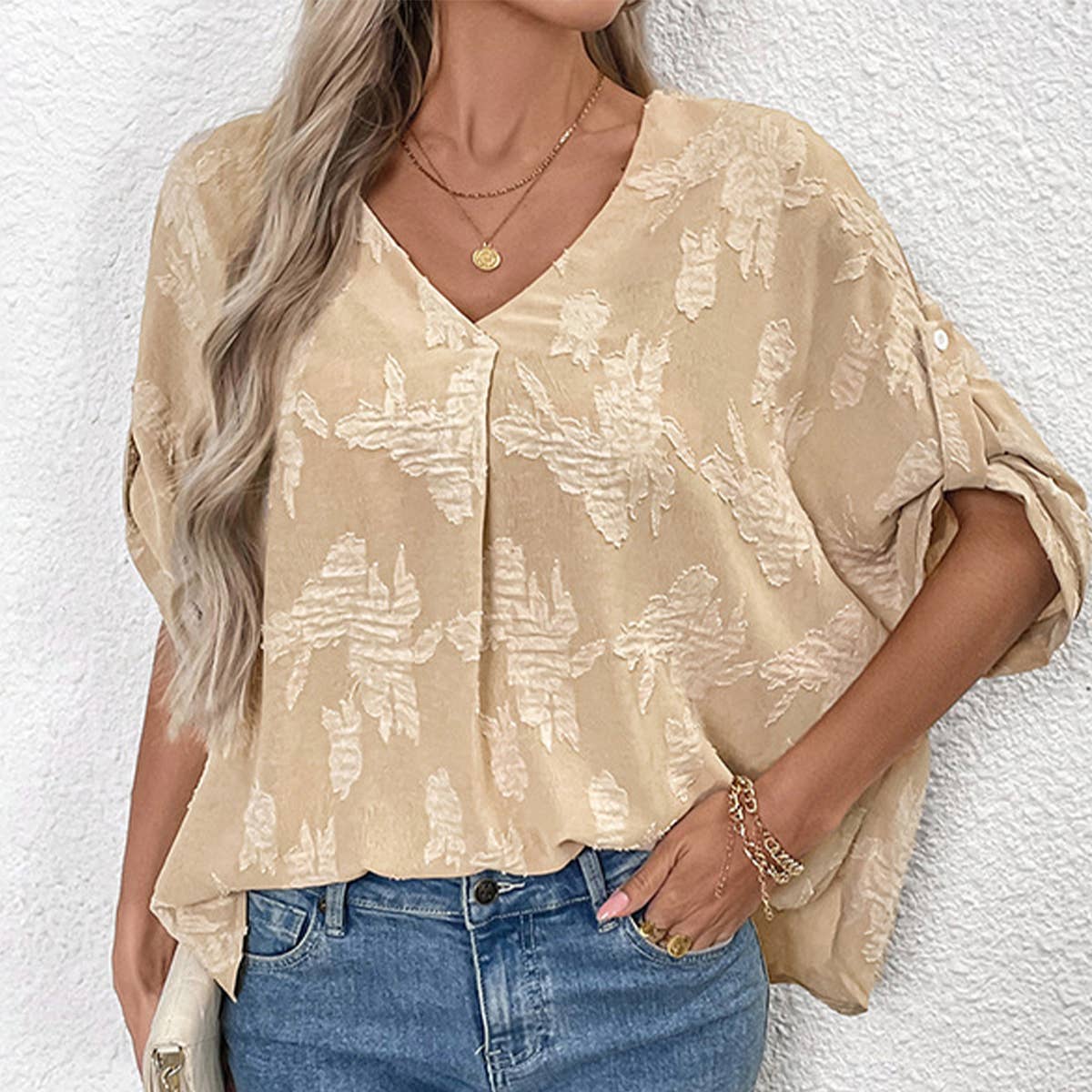 Jacquard commuter Bat sleeved loose V-neck shirt