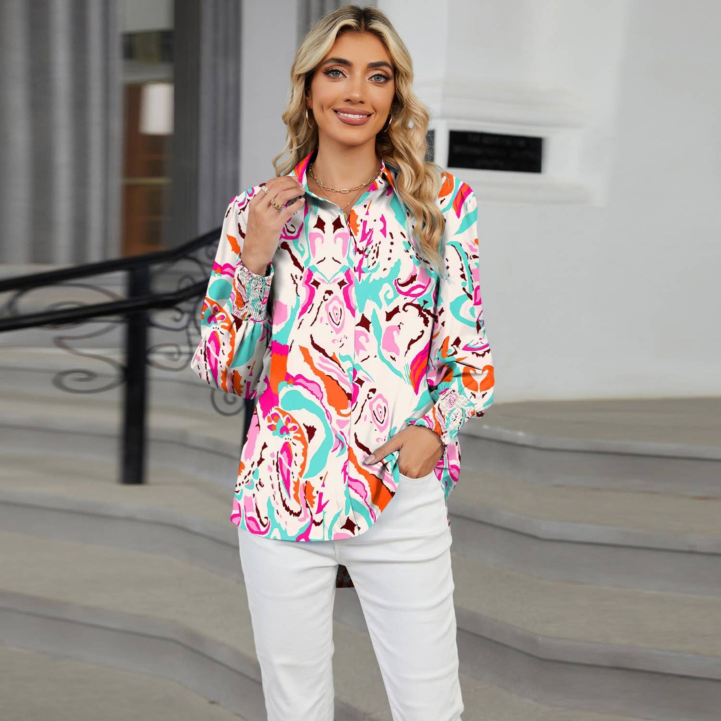 LAPEL FLORAL PRINT CASUAL LONG-SLEEVED SHIRT