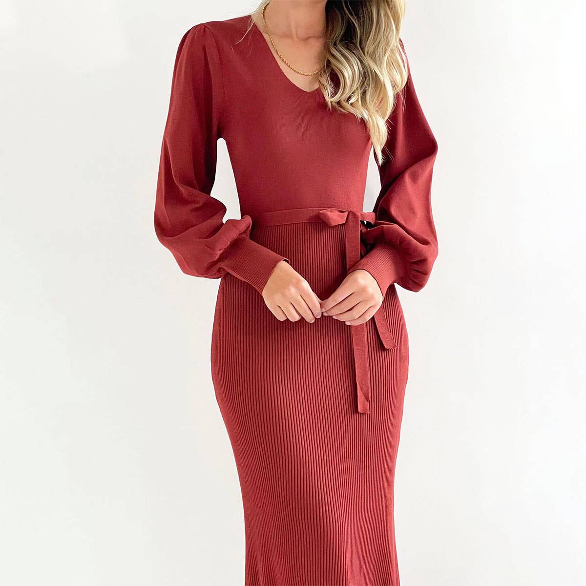 KNIT DRESS SLIM DEEP V-NECK SWEATER DRESS