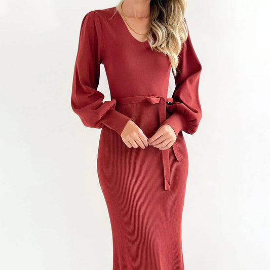 KNIT DRESS SLIM DEEP V-NECK SWEATER DRESS