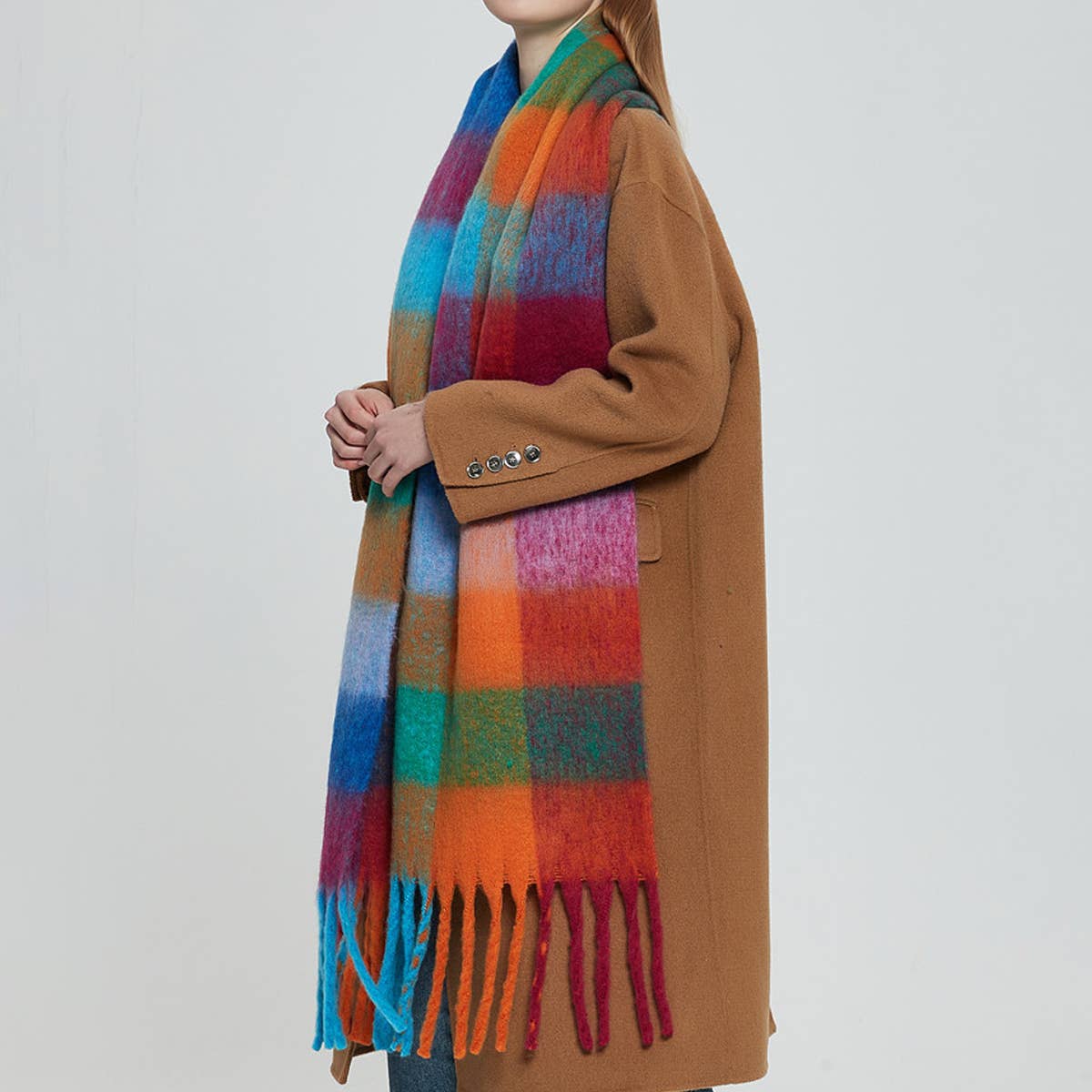 Rainbow Plaid Fuzzy Scarf--Thick Winter Shawl Wrap_CWASC1051