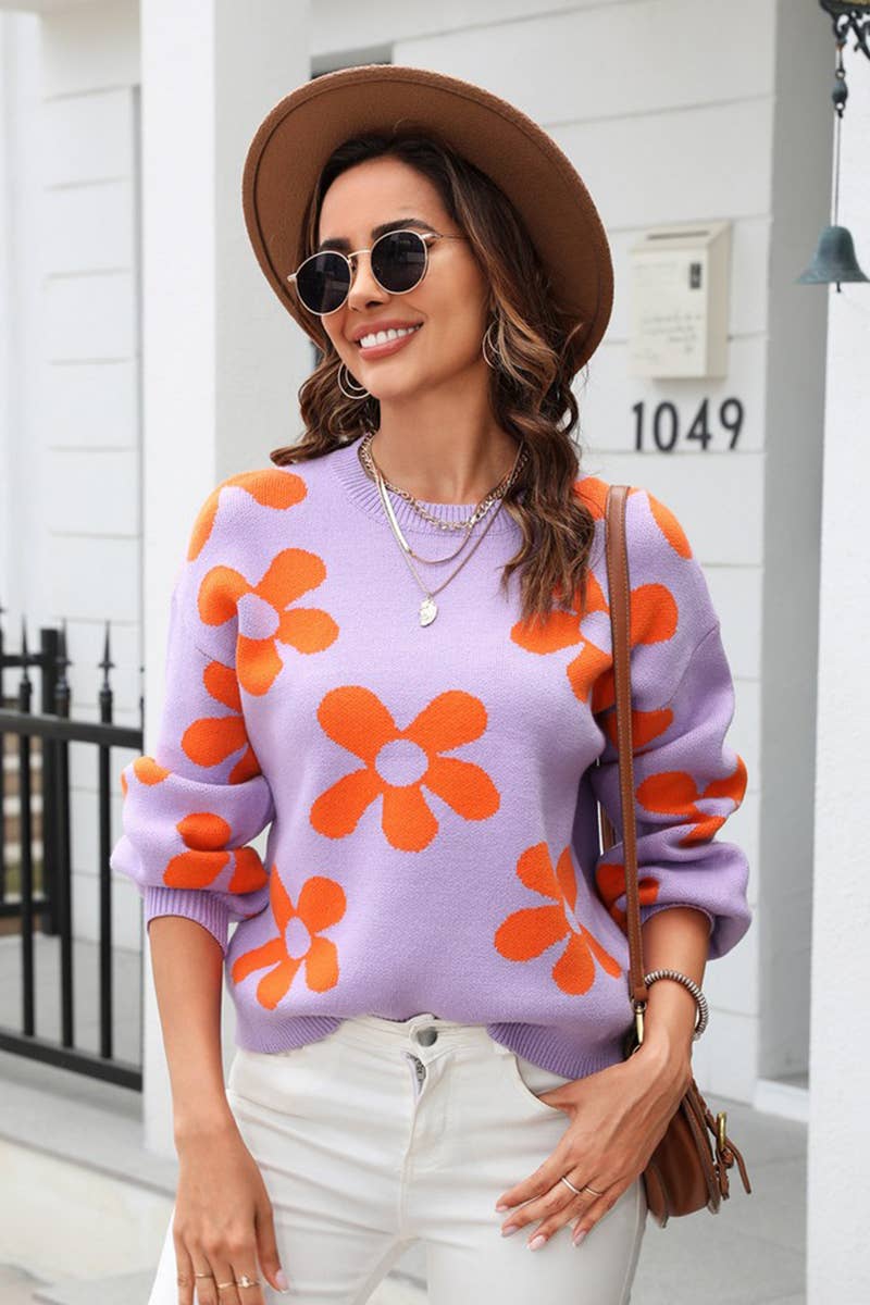 WOMEN FLOWER PATTERN SLIM KNITTED SWEATER_CWOSWL1448