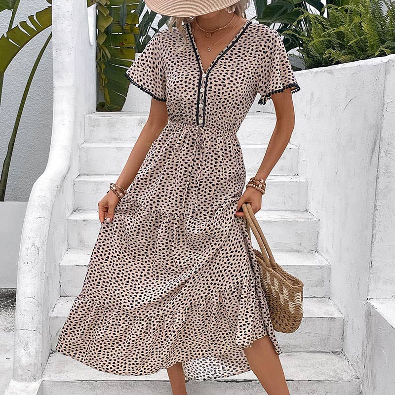 SHORT SLEEVE LEOPARD PRINT MID-LENGTH DRESS