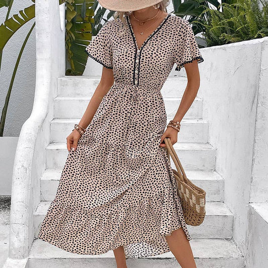 SHORT SLEEVE LEOPARD PRINT MID-LENGTH DRESS