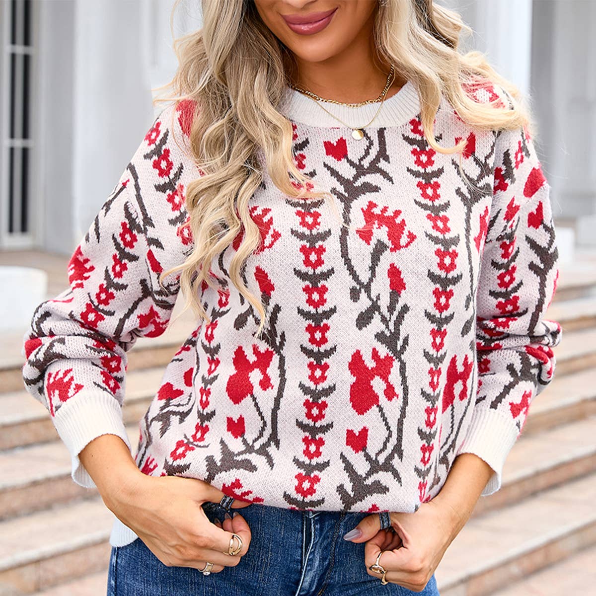 JACQUARD ROUND NECK FLOWER KNIT FASHION SWEATER