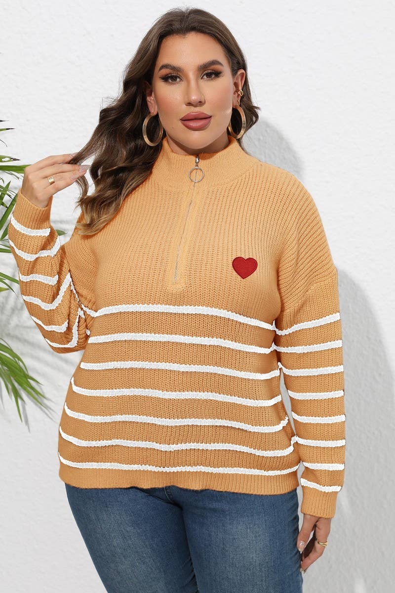 CWOSWL1593_PLUS Size Zip-Up Long Sleeve Pullover Sweater