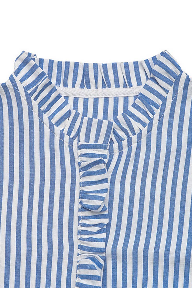 CWDSD7817_RUFFLE TRIM STRIPED LOOSE FIT SHIRT DRESS