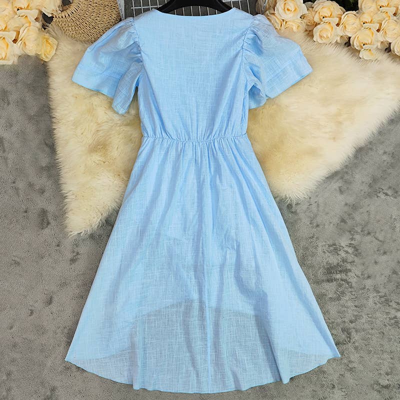 V-neck long cotton linen waist-cinching dress