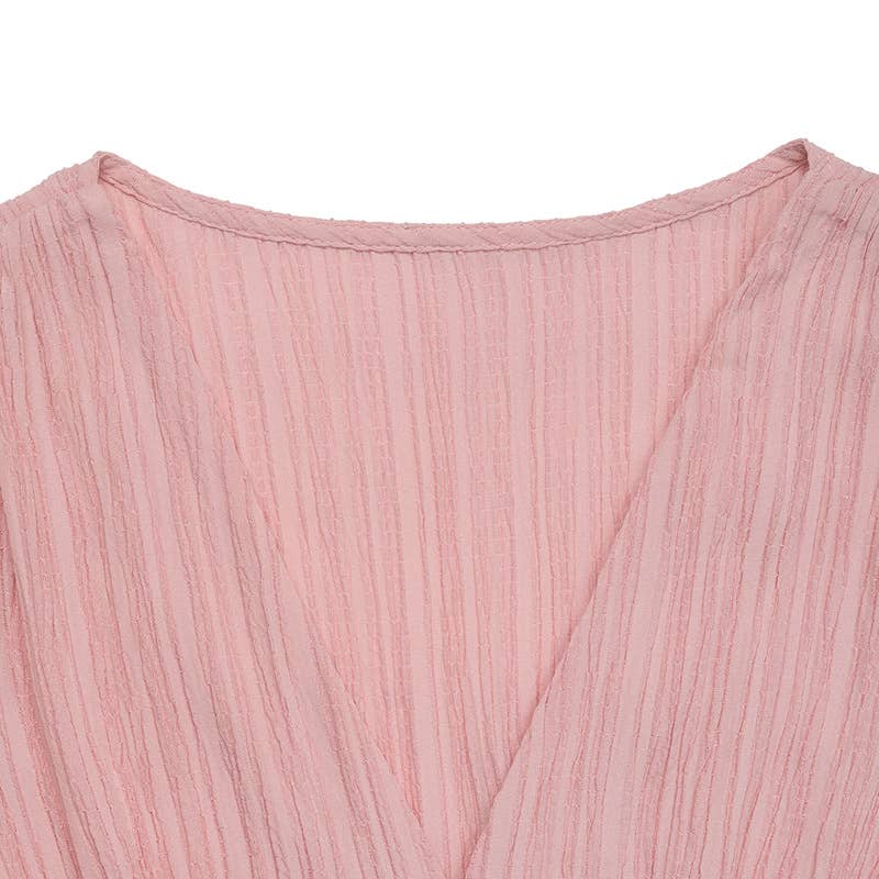 Texture deep V-neck,cinched waist and slit dress