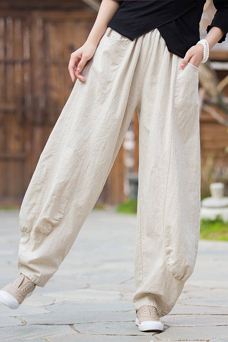 CWBLP1379_SOLID COLOR RAMIE SAND-WASHED WIDE-LEG PANTS