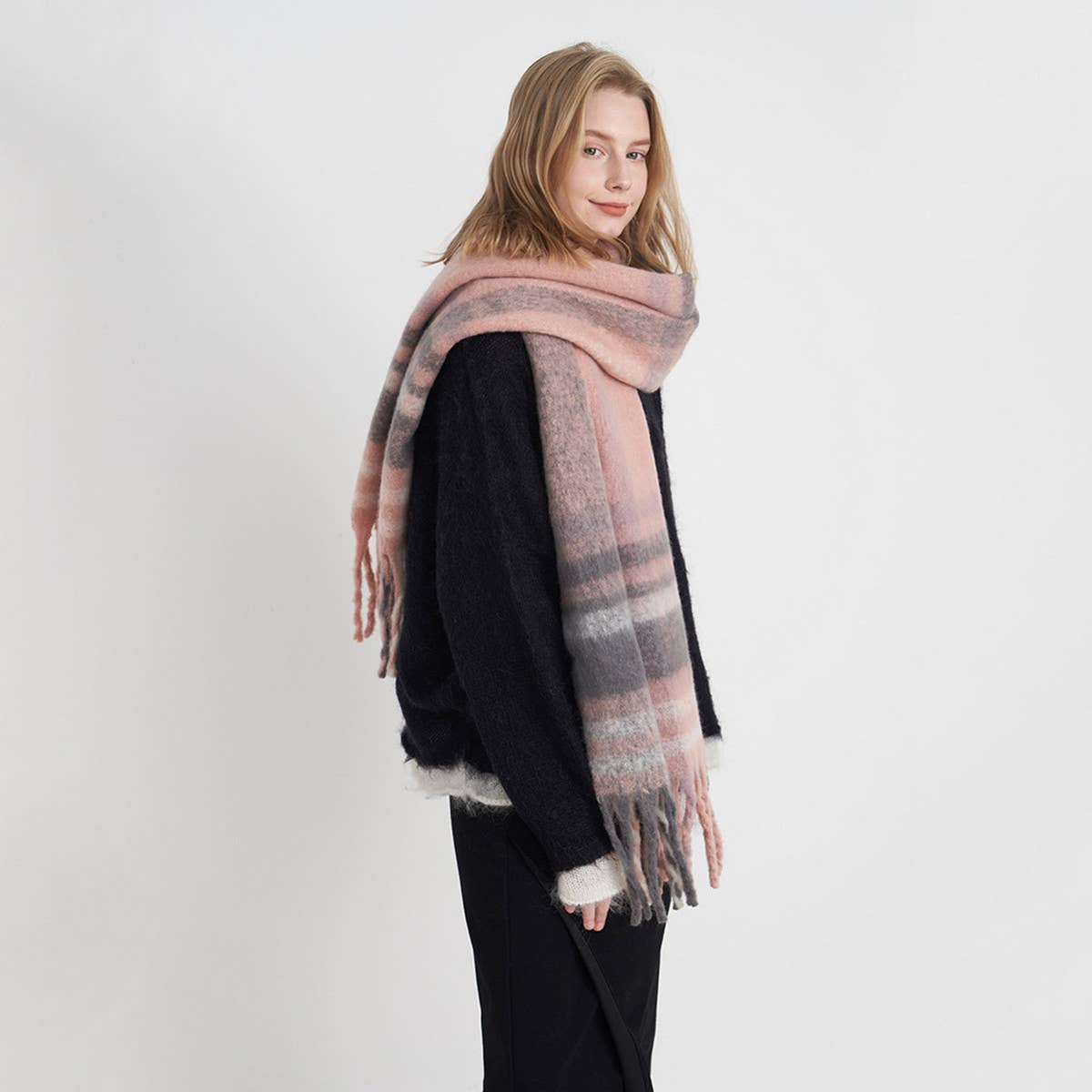 French Retro Plaid Scarf - Winter Tassel Wrap