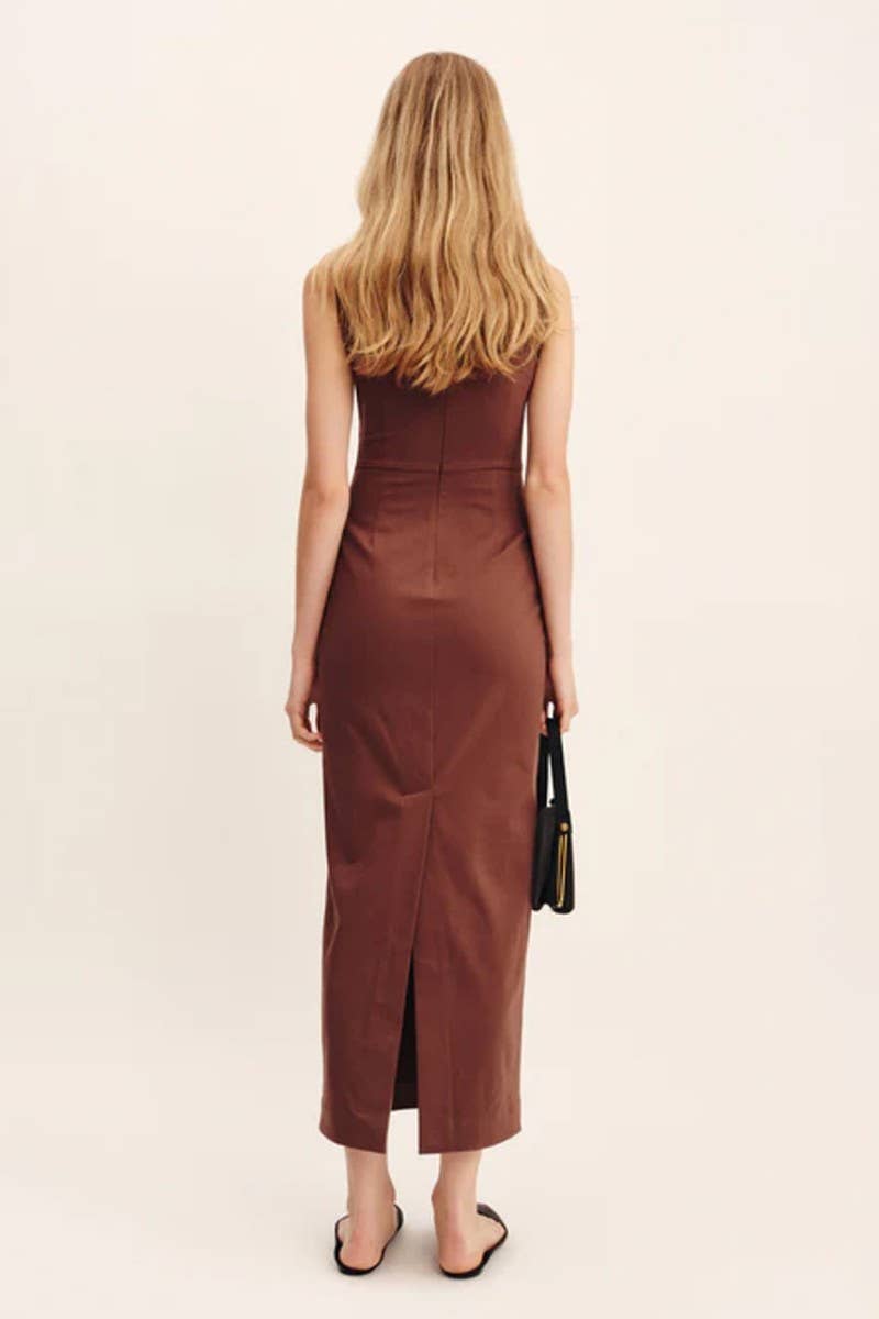 CWDMD5260_SOLID SQUARE NECK SLIM FIT COTTON-LINEN DRESS