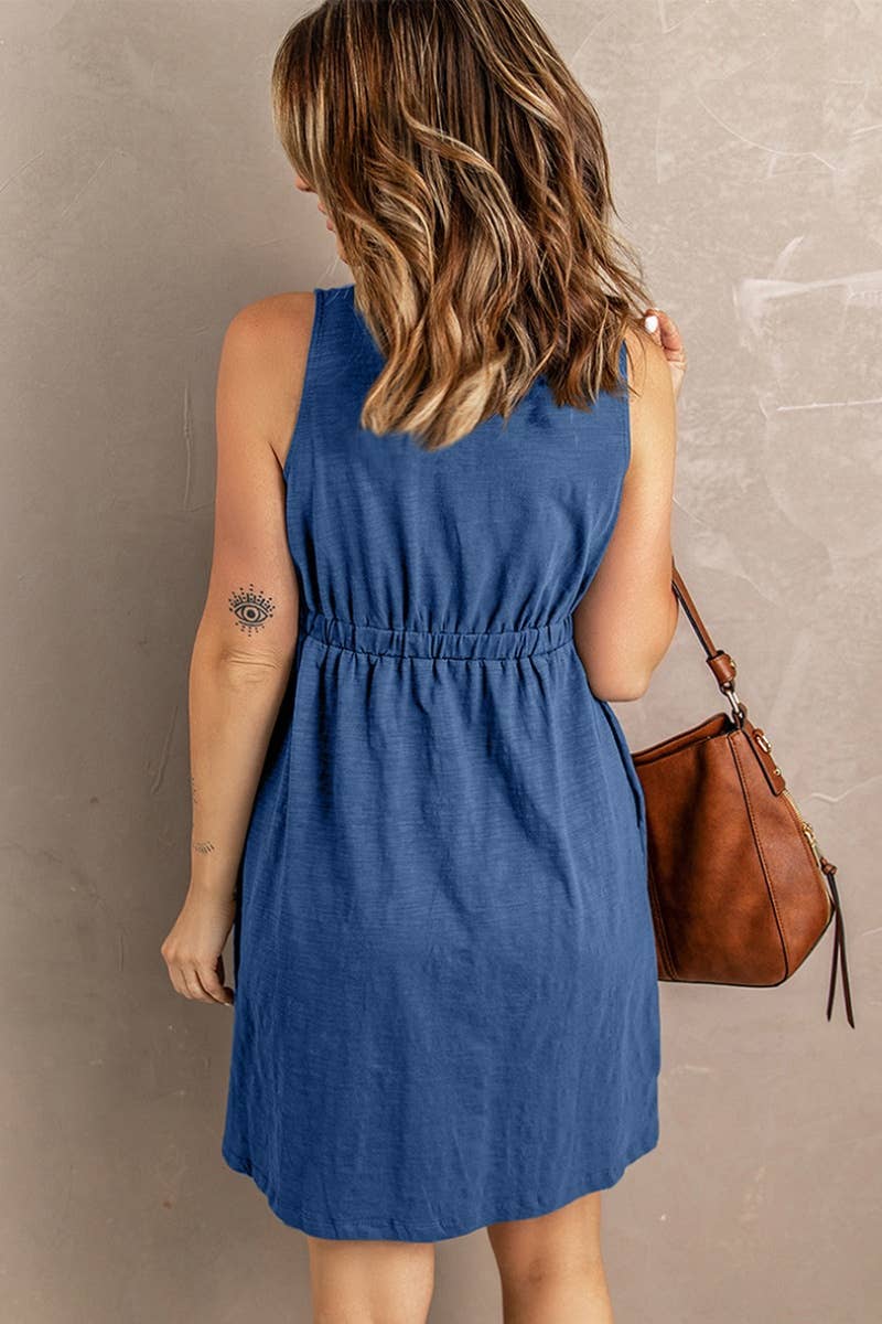 CWDHL0586_SLEEVELESS V-NECK SINGLE BREASTED DRESS SHORT