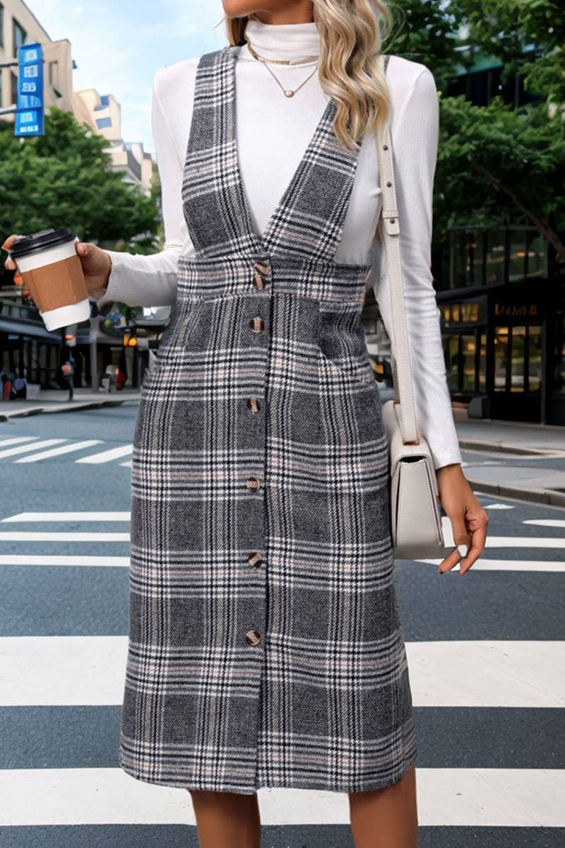 CWDSD5928_SOLID COLOR CASUAL PLAID SUSPENDER DRESS