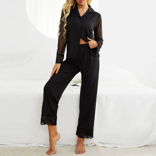 Mesh long-sleeved shirt long pants home wear set