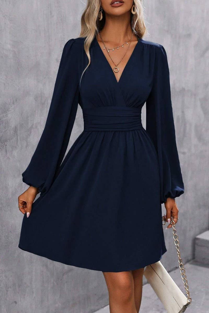 CWDSD8399_V NECK LANTERN SLEEVE RUCHED WAIST DRESS