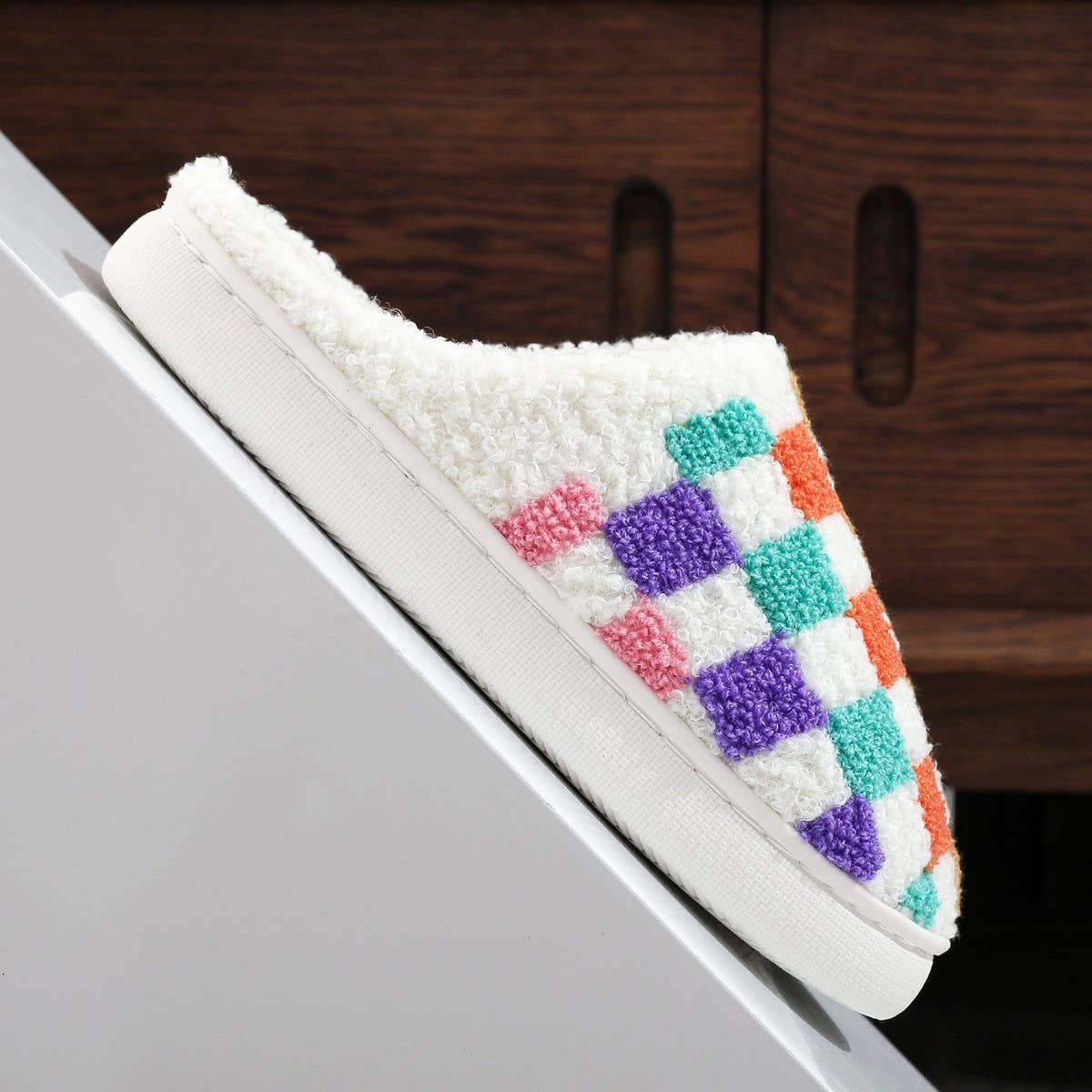 COLORFUL PLAID PRINT EMBROIDERED COTTON SLIPPERS