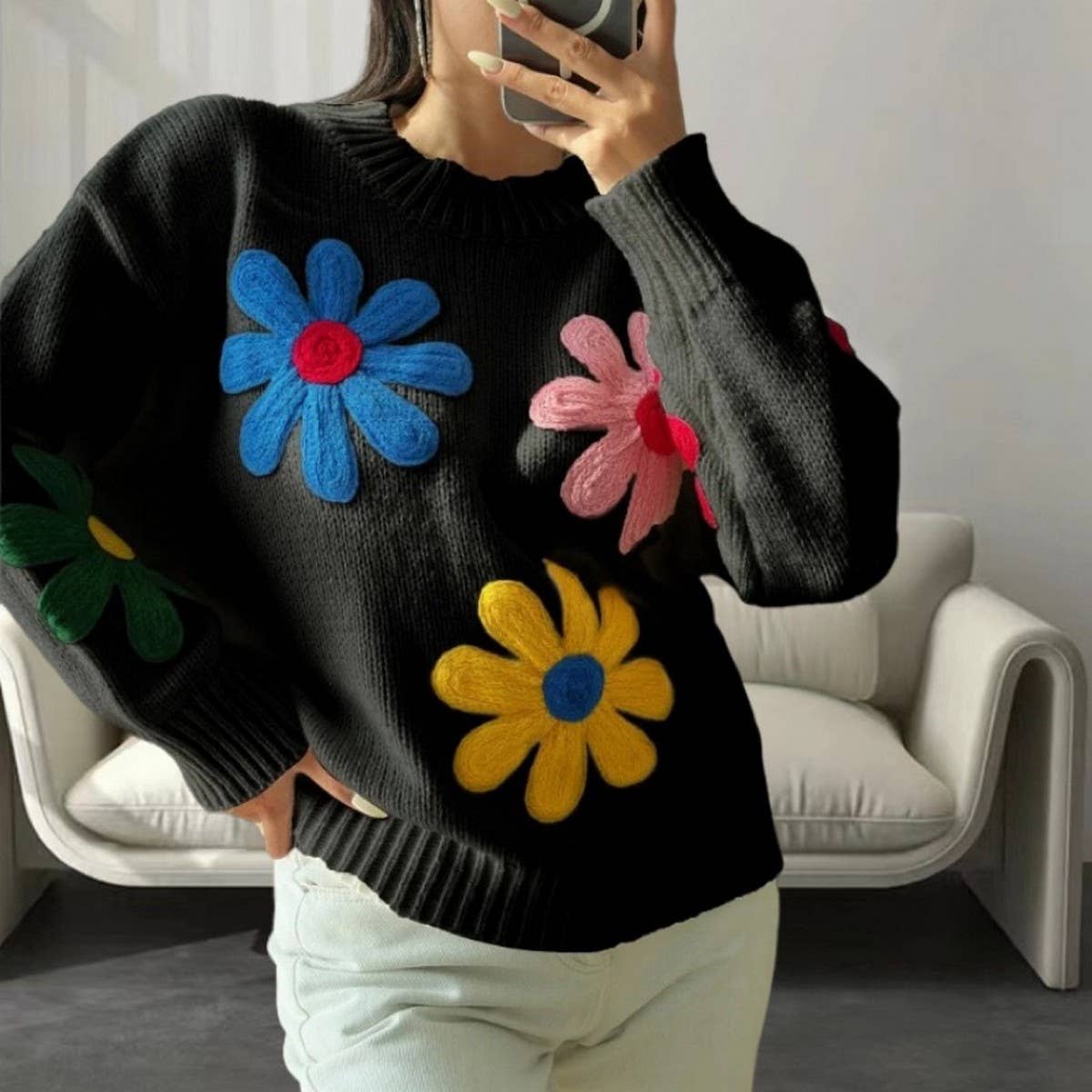 Women's Colorful Floral Embroidered Sweater