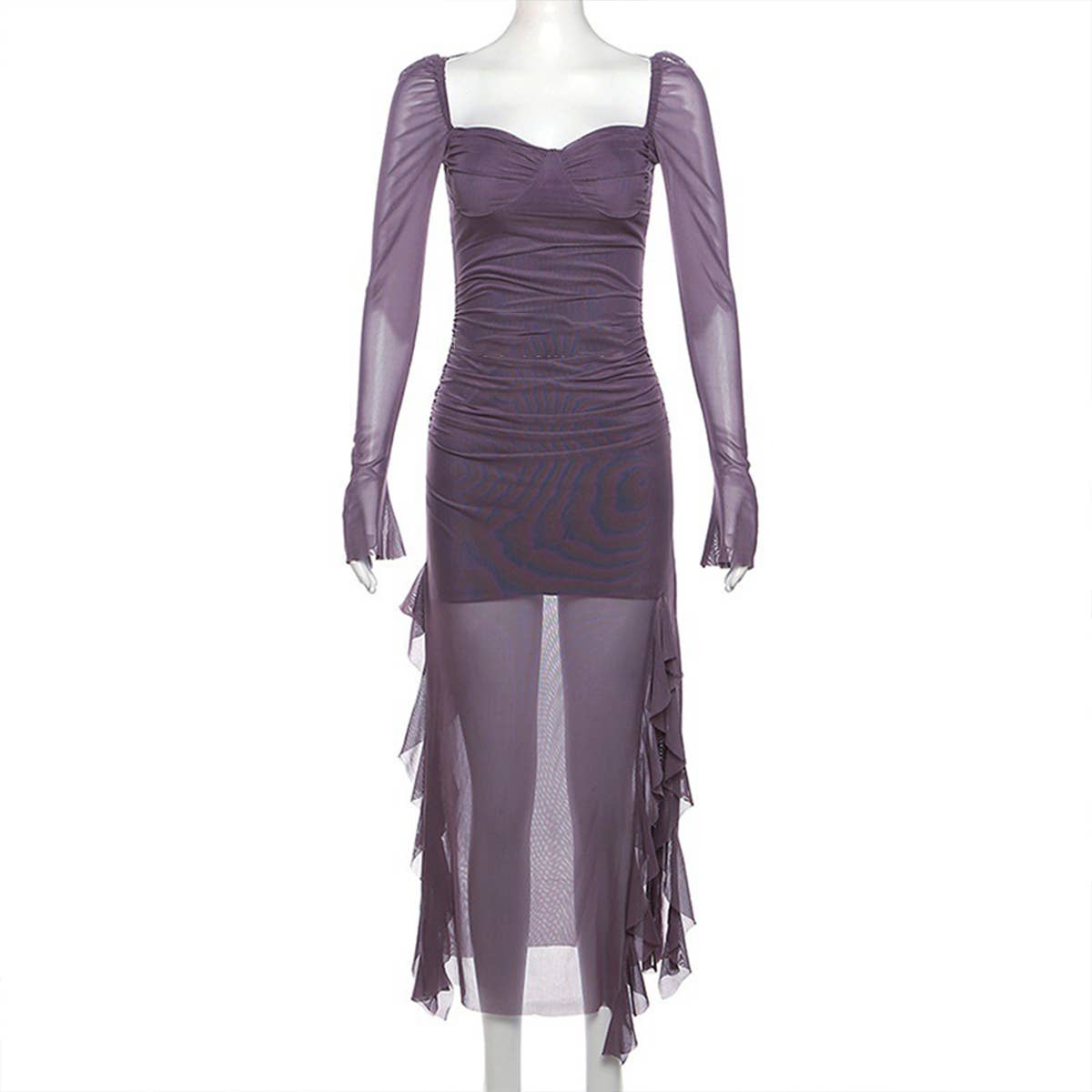 Slits Irregular ruffled solid-color mesh dress