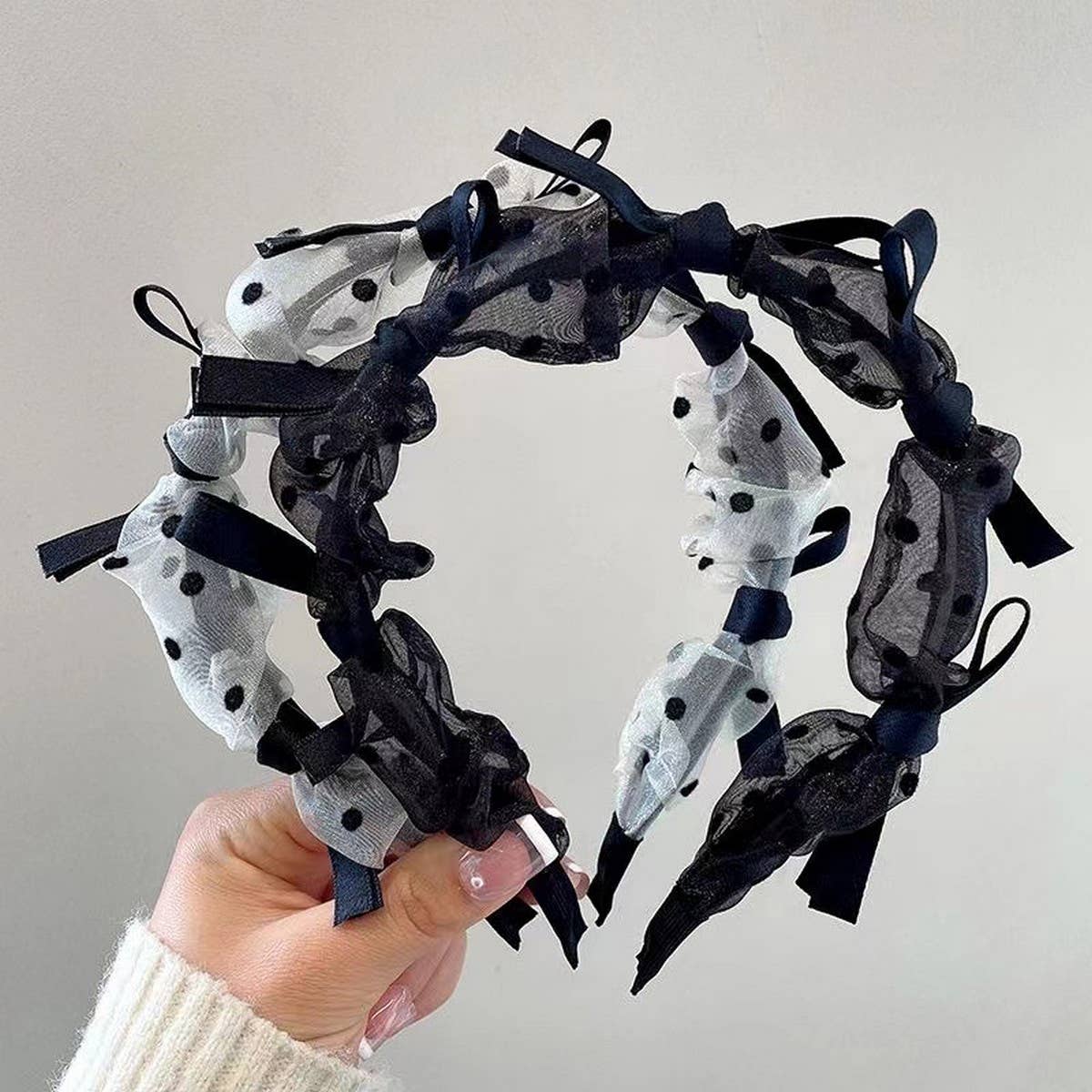 SIMPLE BLACK POLKA DOT BOW LACE HEADBAND_CWAHA1705