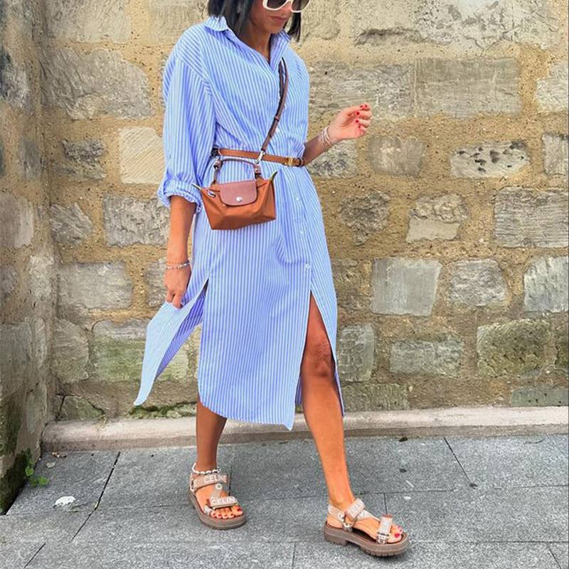 STRIPED PRINT CARDIGAN MID-LENGTH DRESS