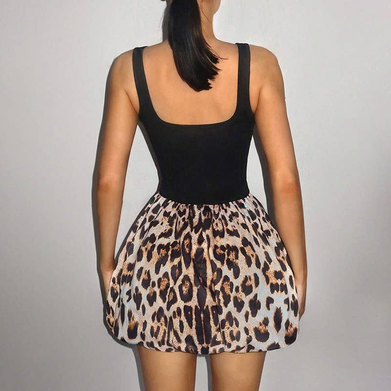 Patchwork U-neck leopard print halter dress