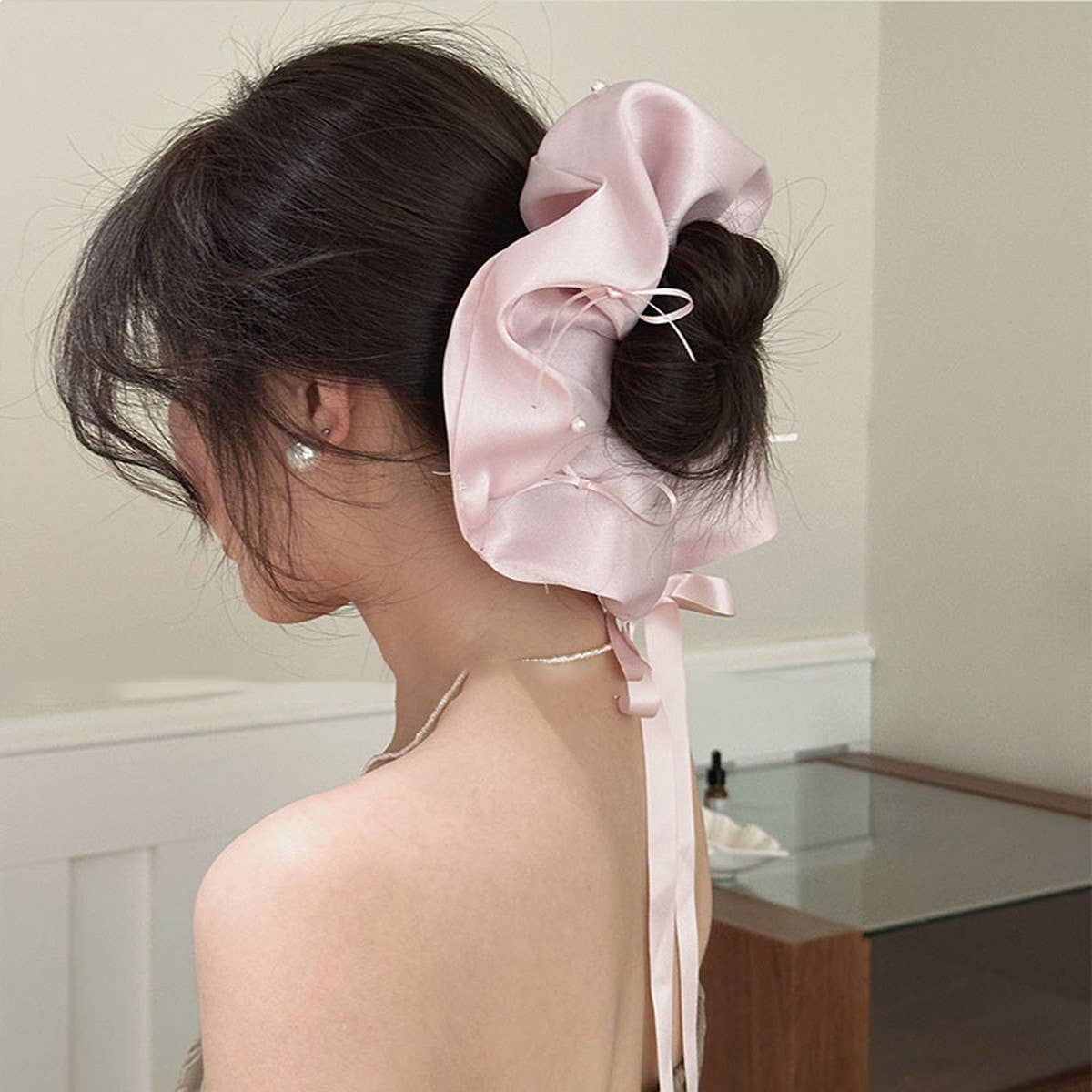 Blue Satin Bow Pearl Scrunchie with Long Tails_CWAHA5501