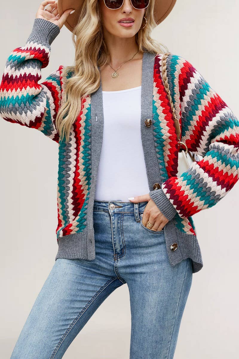 CWOCAL2268_AUTUMN AND WINTER STRIPED V-NECK KNITTED JACKET