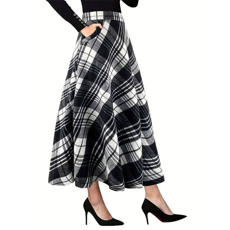 Plaid woolen cloth large pockets long skirts
