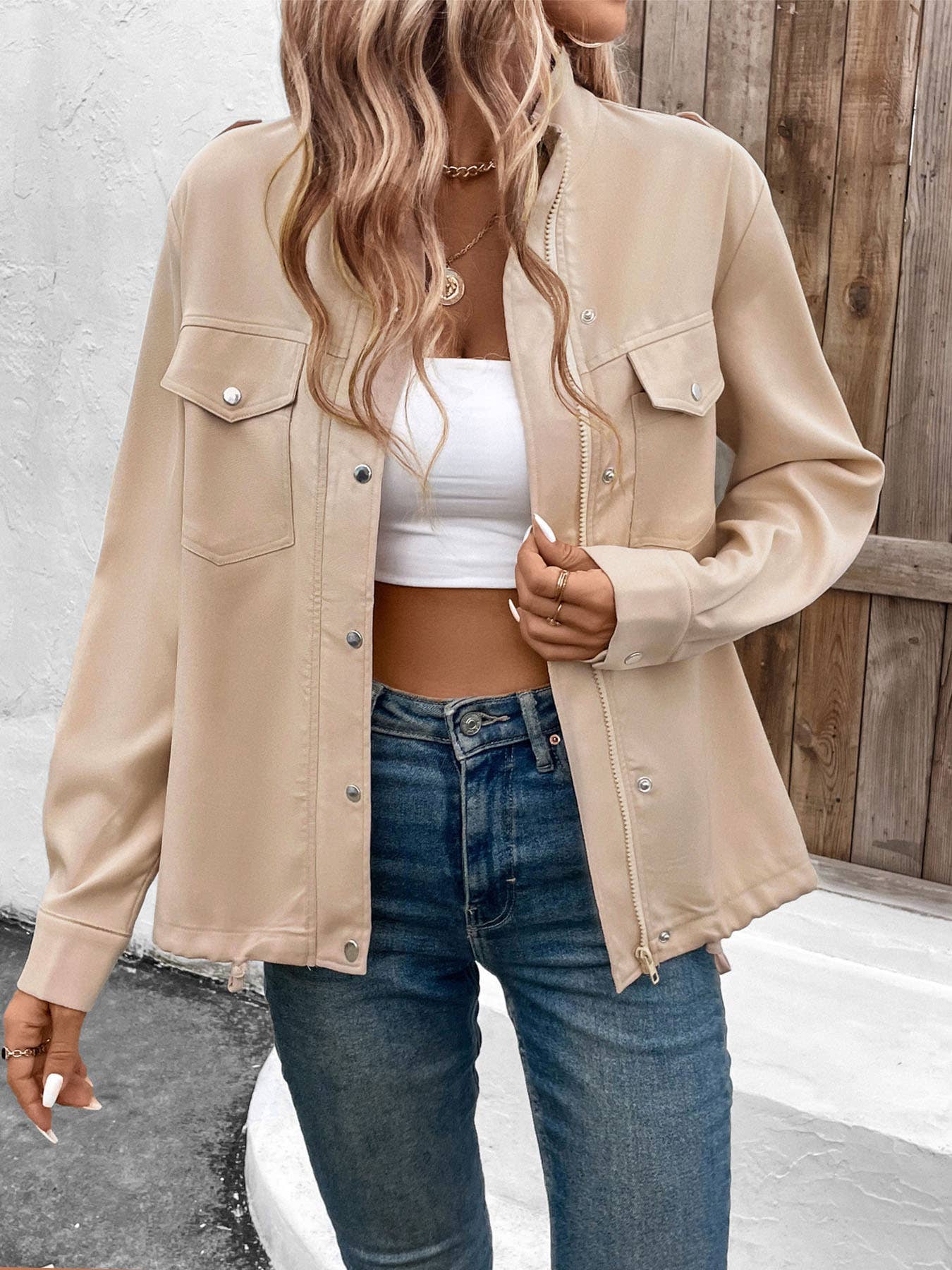 SOLID COLOR ZIP-UP JACKET WITH STANDING COLLAR