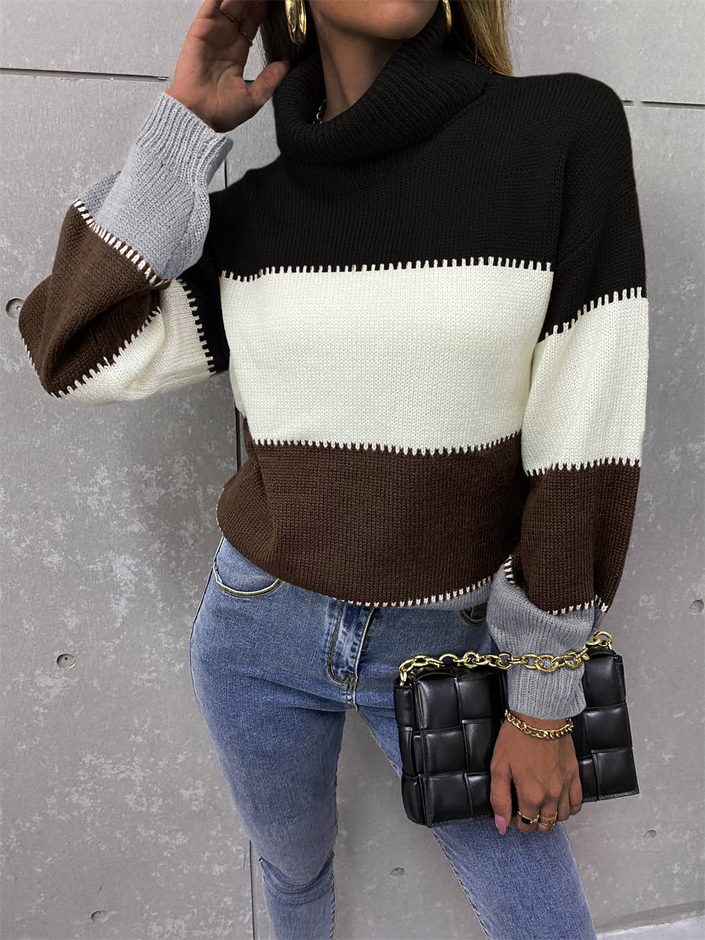 Turtleneck patchwork fashion knit long-sleeved sweater