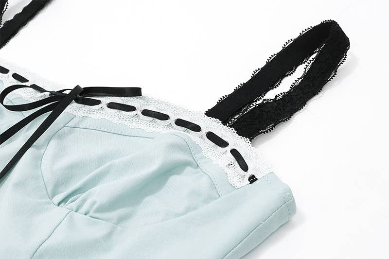 Lace square neck lace-up low-cut halter top