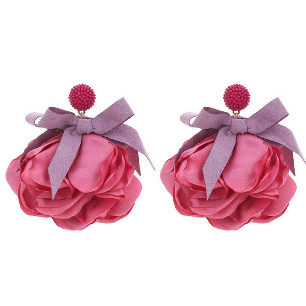 Long Statement Fabric Bow Flower Earrings