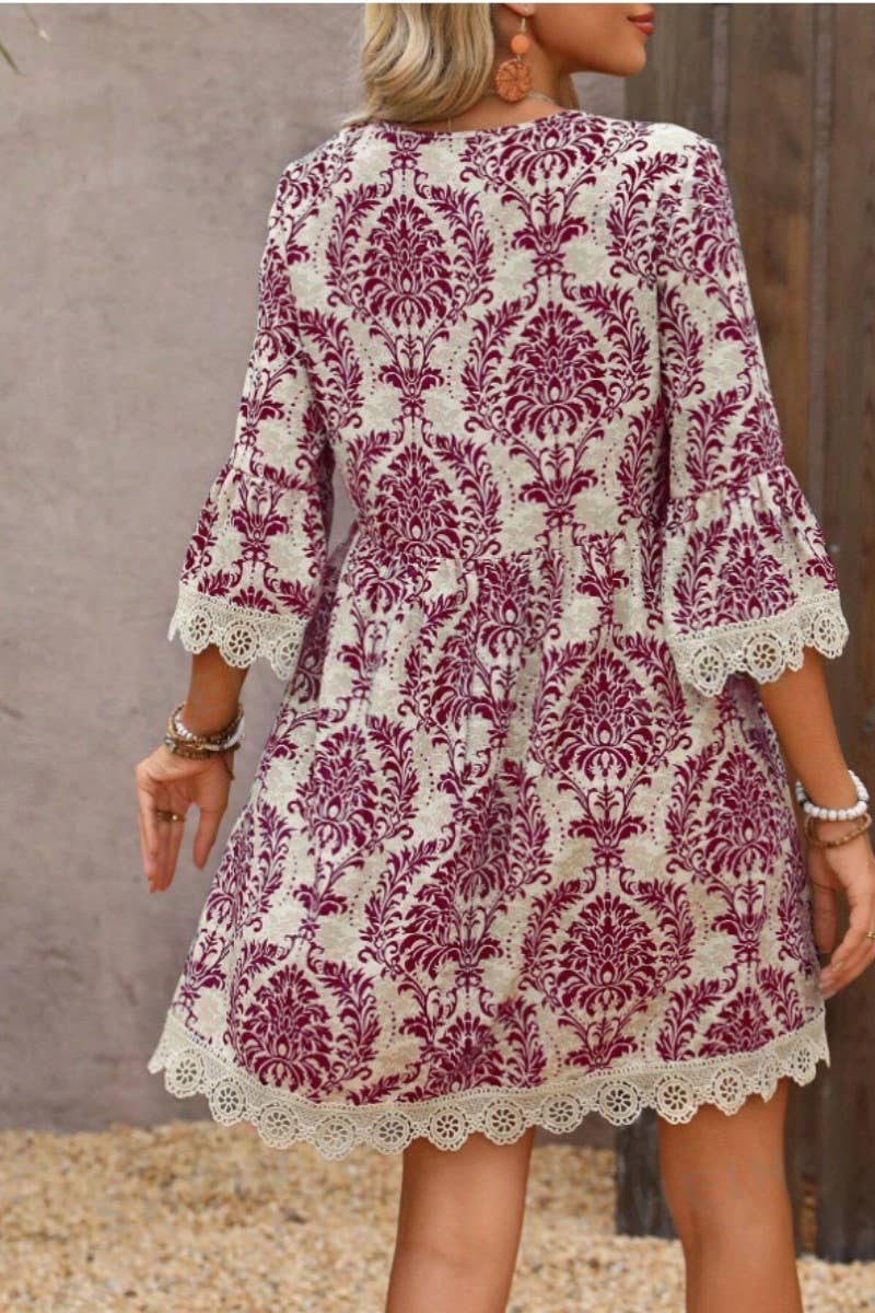 CWDSD8526_FLORAL PRINT V-NECK LACE TRIM 3/4 SLEEVE DRESS