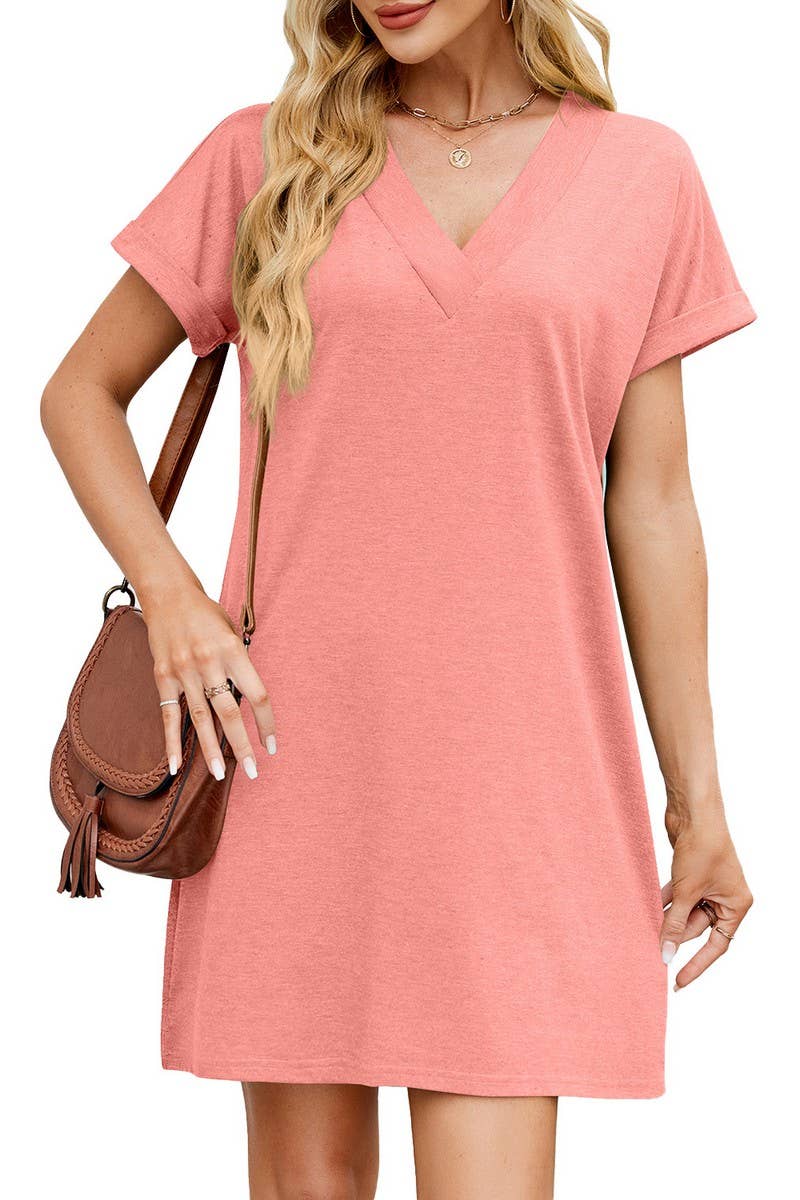 CWDSD8715_V-NECK COLORBLOCK SHORT SLEEVE CASUAL DRESS