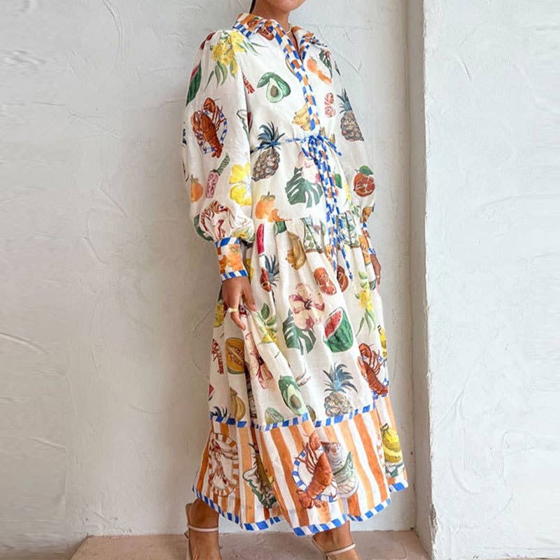 LANTERN SLEEVE PRINTED LAPEL LONG-SLEEVED DRESS