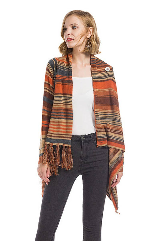 CWOCAL0945_STRIPED LOOSE IRREGULAR TASSEL KNITTED CARDIGAN