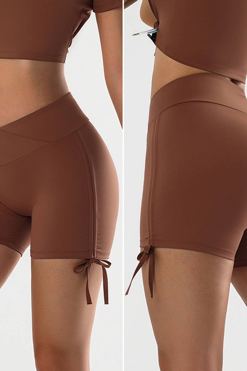 CWBSP0444_PLEATED V-NECK HIGH WAIST TIGHT GYM SHORTS