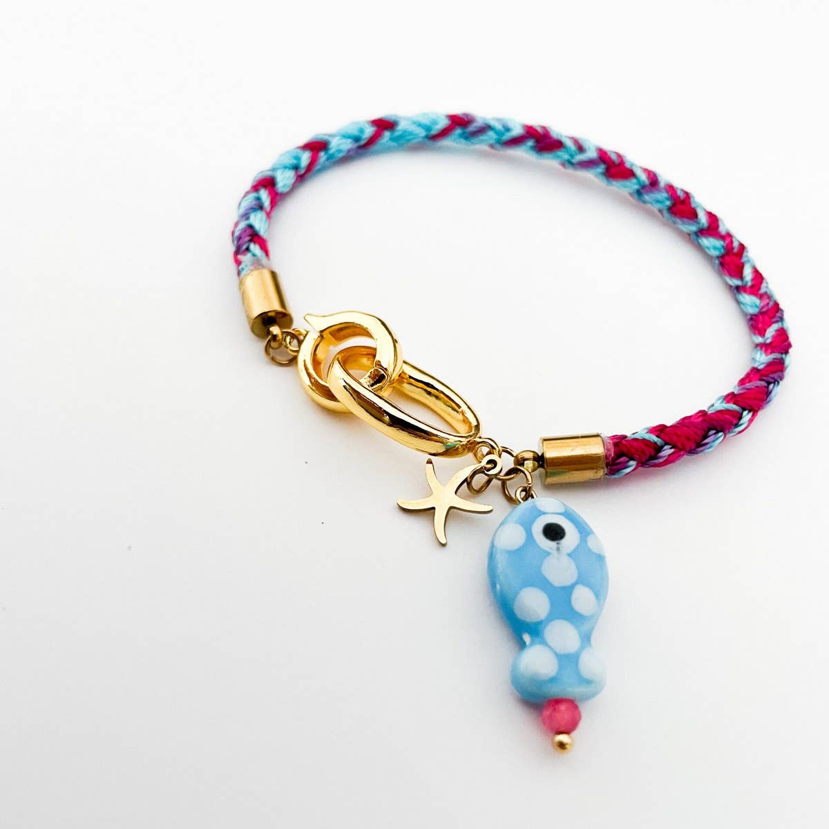 18K Gold Fish & Star Charm Woven Rope Bracelet_CWAJE4615