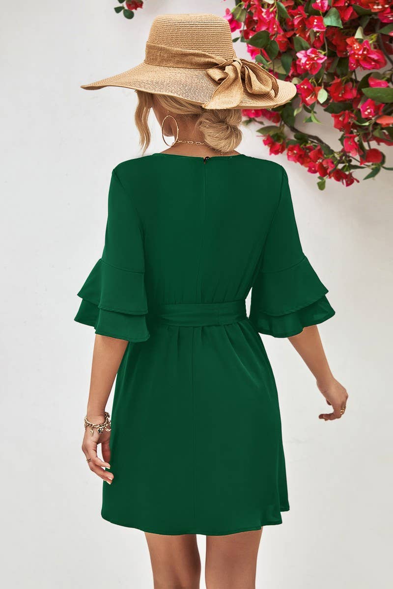 FLARED LOTUS LEAF SLEEVE SOLID COLOR DRESS_CWDSD2639
