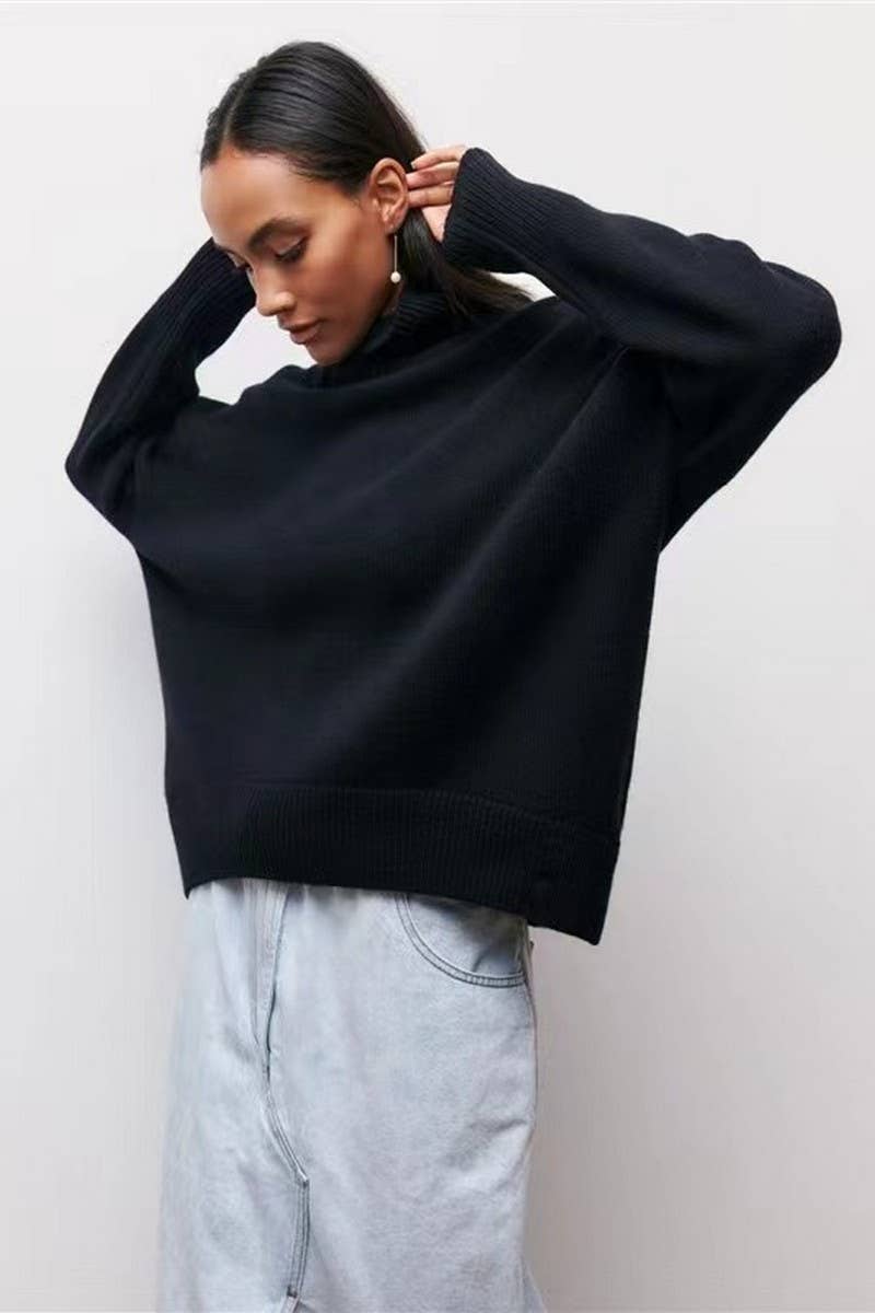 CWOSWL07646_SOLID COLOR LOOSE TURTLENECK KNITTED SWEATER