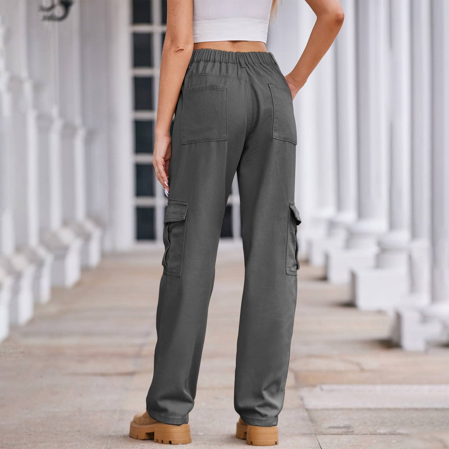 Washed semi-elastic waist denim workwear trousers