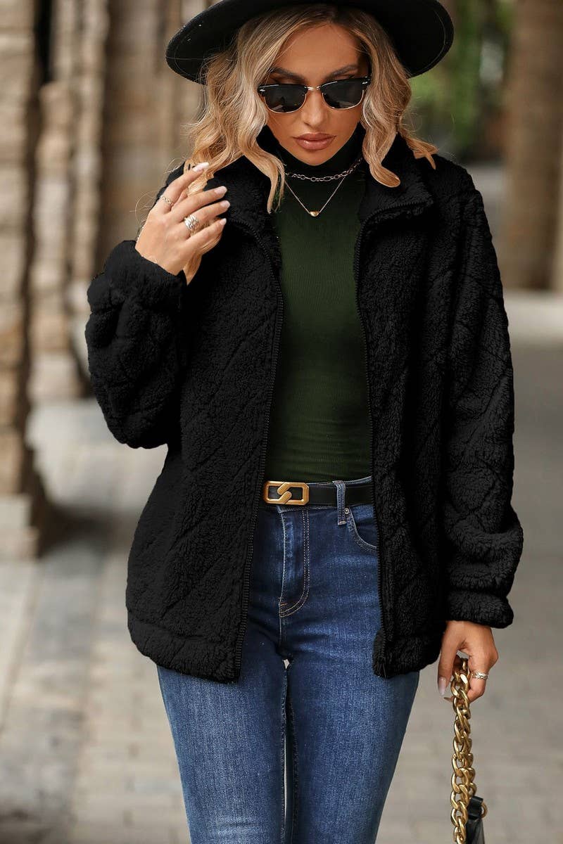 WOMEN SOLID QUILTING LAPEL FLEECE PLUSH JACKET_CWOJA0637