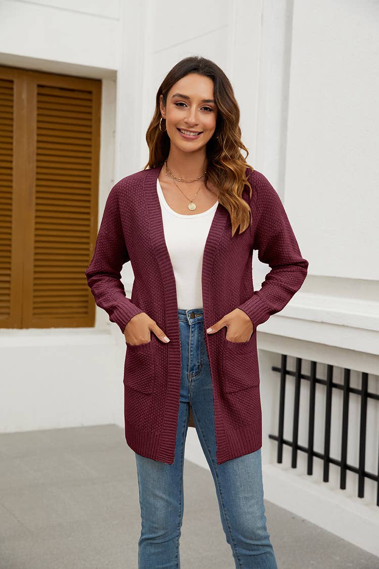 Solid color long long knit cardigan without button