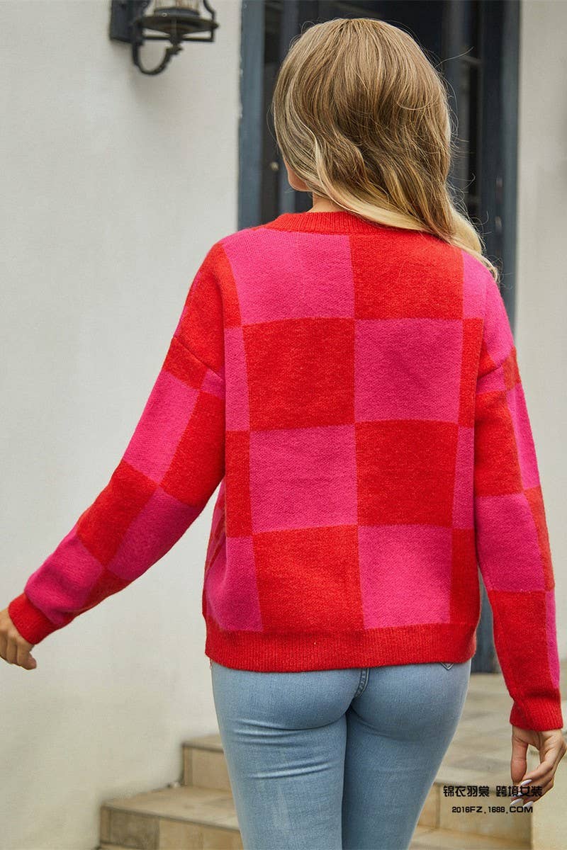 CWOCAL0925_PLAID PATCHWORK V-NECK SWEATER KNITTED JACKET