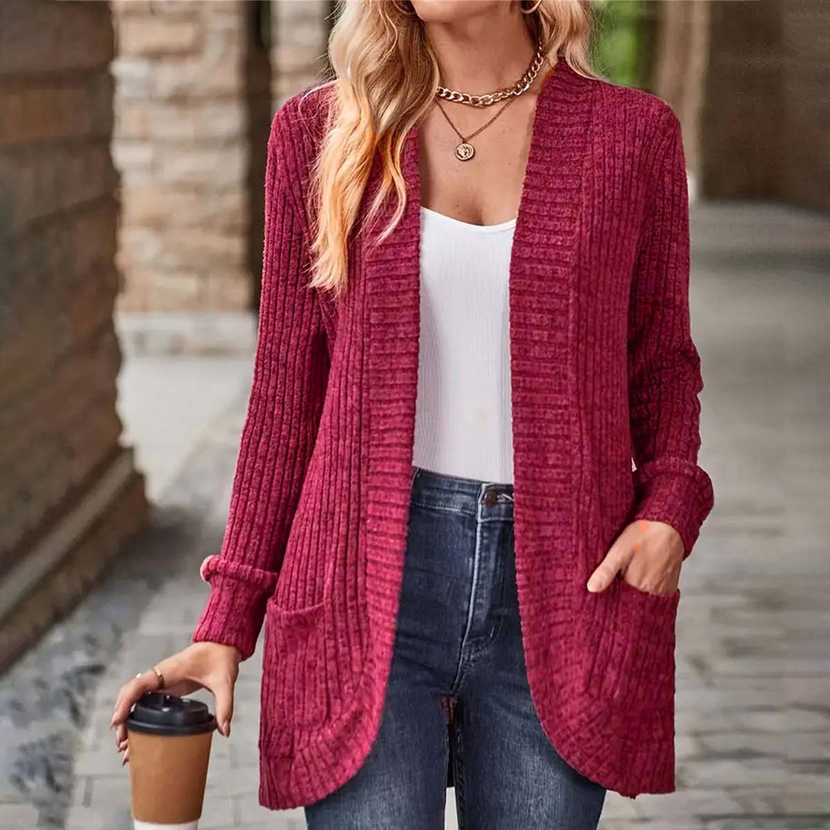 SOLID COLOR WOOLEN PATCHWORK LONG SLEEVE CARDIGAN