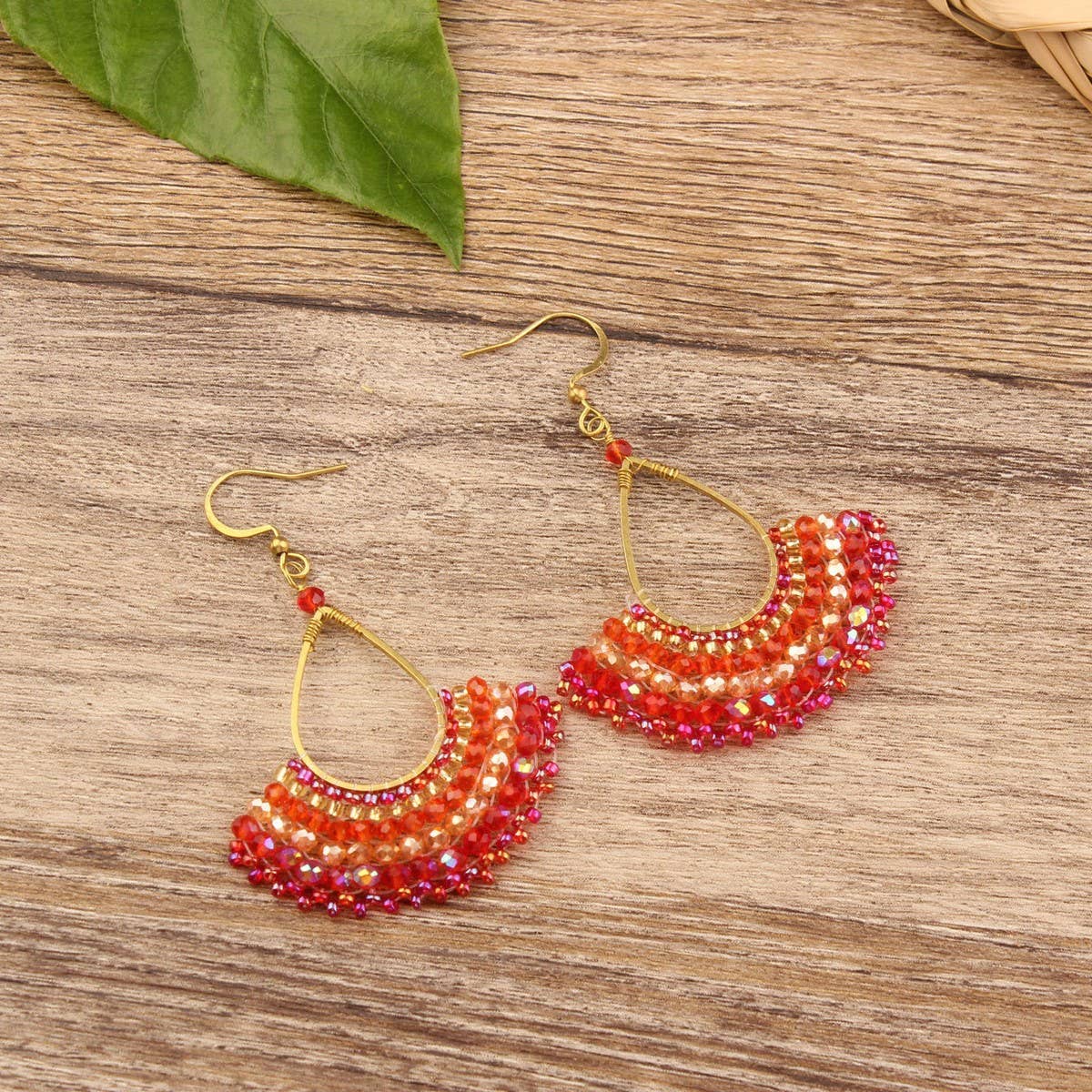 FASHIONABLE HAND-WOVEN GREEN FAN EARRINGS