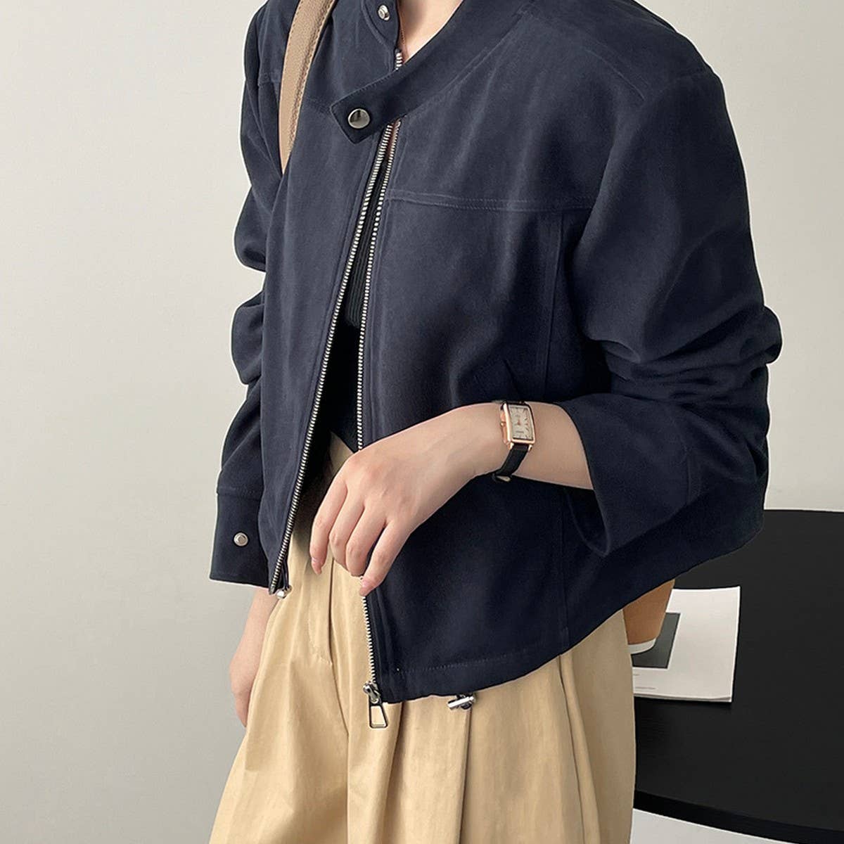 Vintage stand-up collar suede short jacket