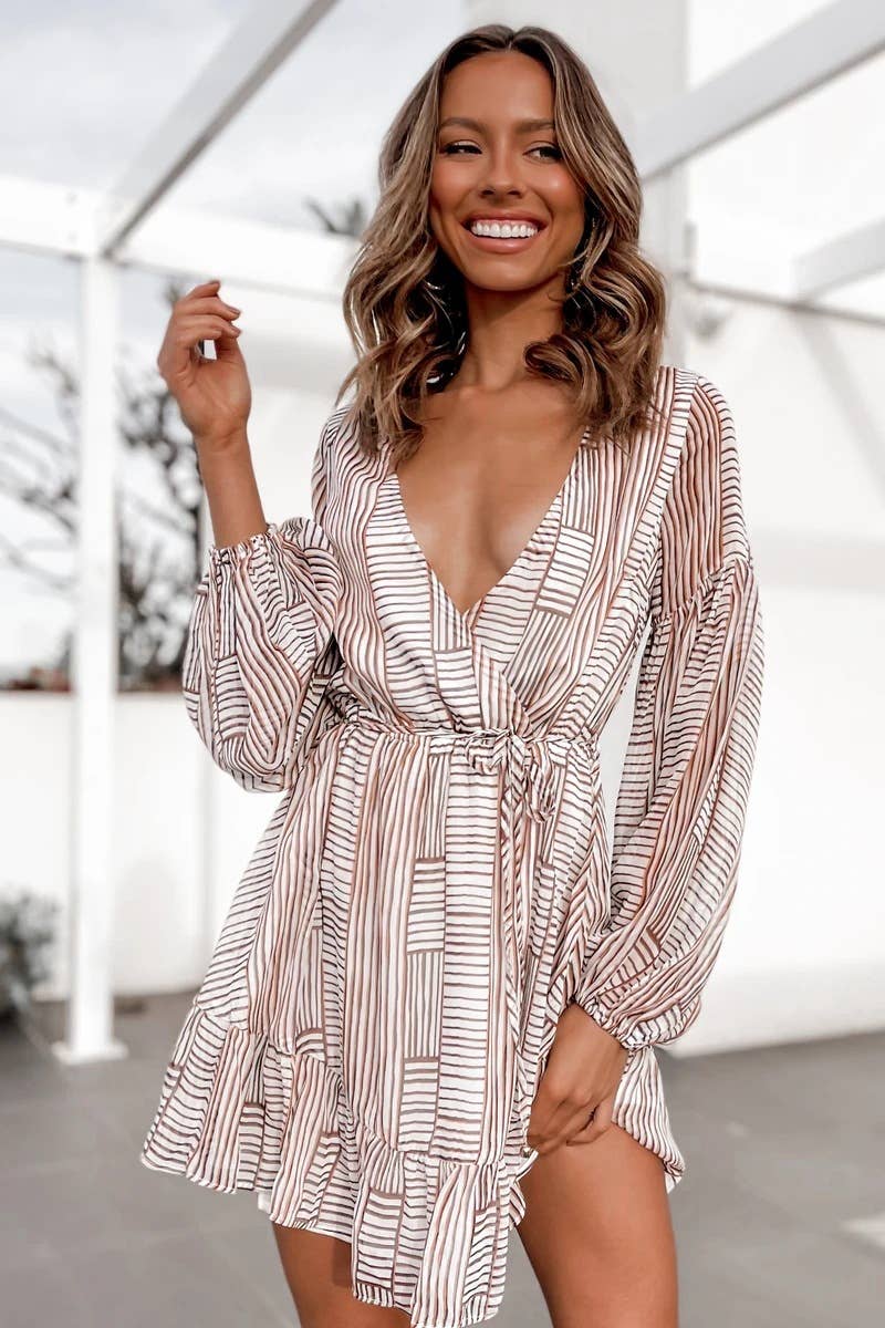 PRINTED V-NECK WAIST WAIST LONG SLEEVE SHORT DRESS