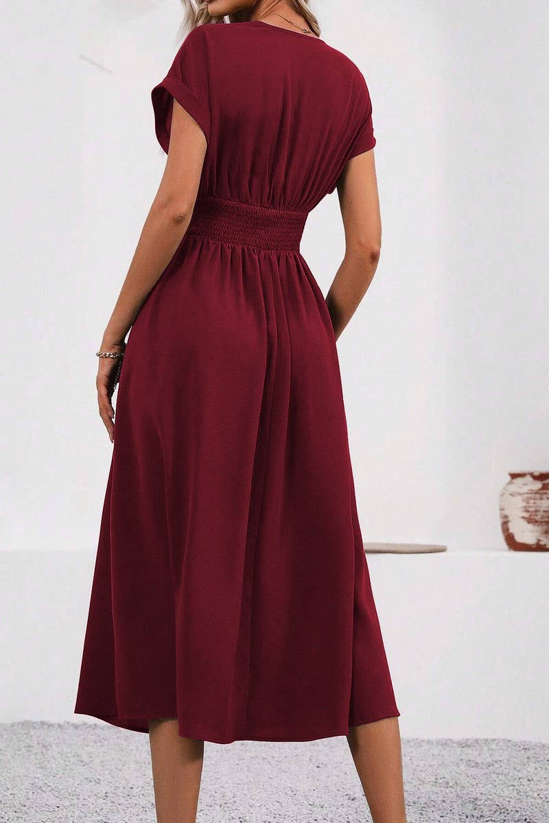 CWDMD4648_SOLID COLOR V-NECK BAT SLEEVE LONG DRESS